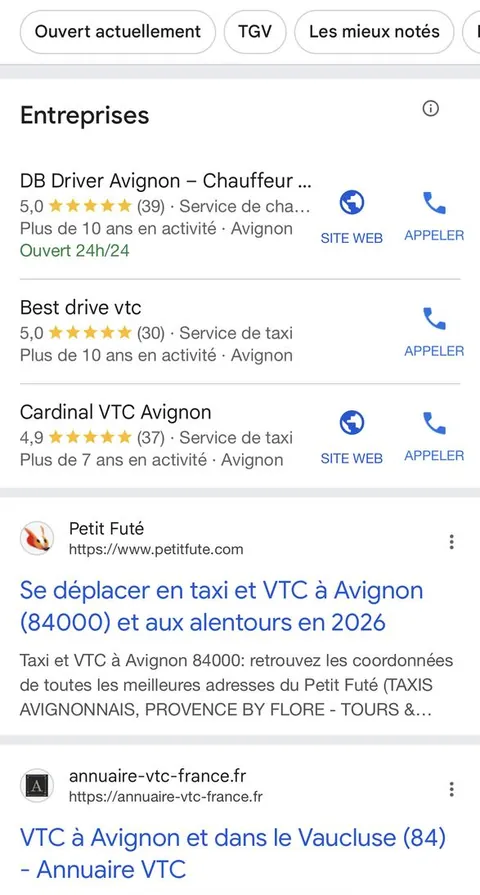 Résultats locaux Google pour la recherche vtc avignon, DB Driver Avignon apparaît en premier