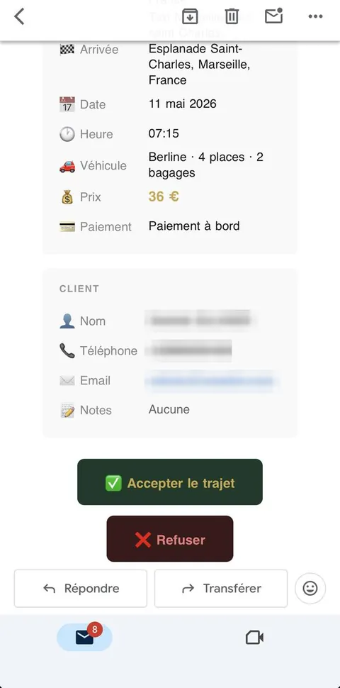 Email de réservation reçu : trajet en berline vers la gare Saint-Charles à Marseille