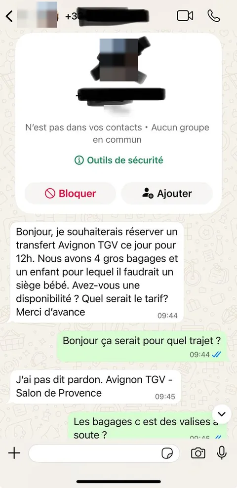 Conversation WhatsApp : demande de transfert depuis Avignon TGV